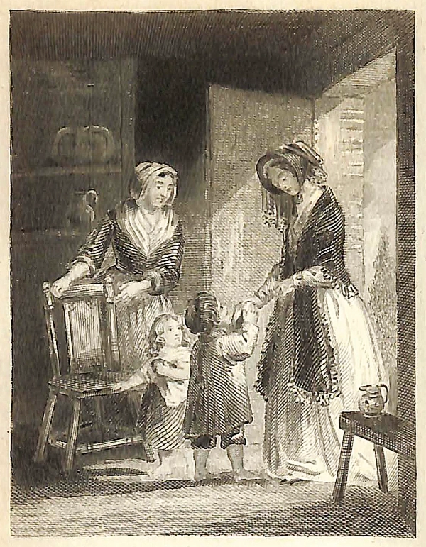 Illustration from "The Juvenile Scrap-Book for 1849; A Christmas and New Year's Present for Young People" of a woman giving a gift to a young child.