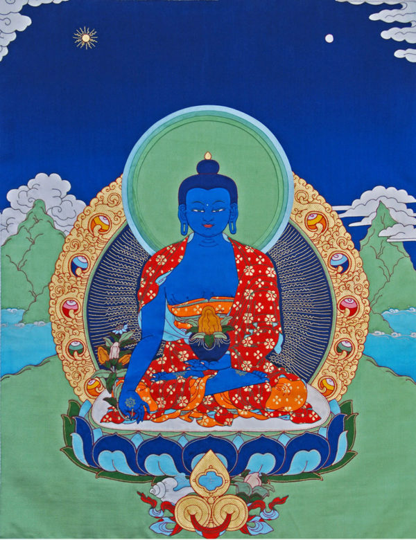 Colorful thangka painting of a medicine Buddha