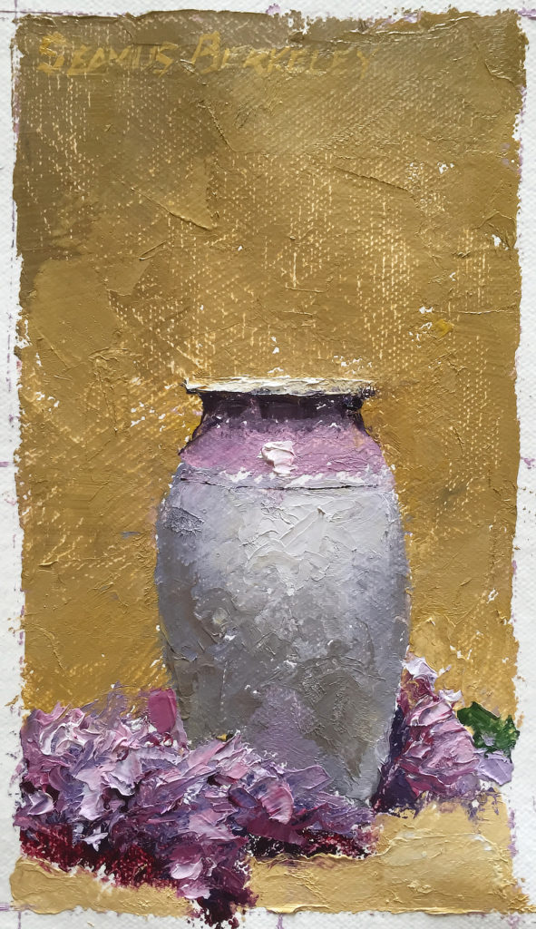 Lilacs surrounding the base of a gray and violet colored vase composed against a yellow ochre background.