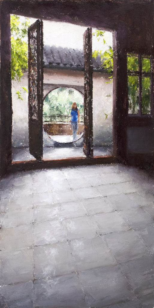 Oil painting of a woman seen from a distance through a round portal behind large carved, wooden doors in Suzhou, China.