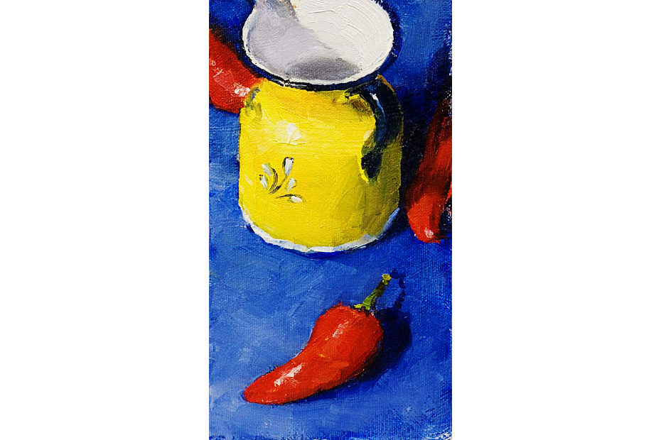 Still life oil painting of a yellow, white and blue pitcher surrounded by three bright red peppers on a deep blue background.