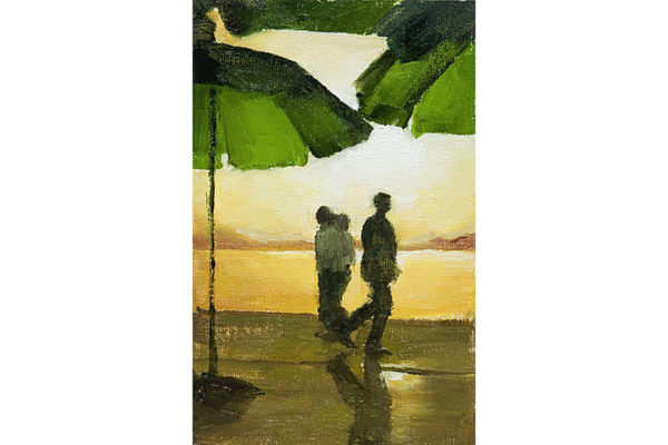 Silhouettes of three people walking along a lake boardwalk with bright green umbrellas at West Lake, Hangzhou, China.