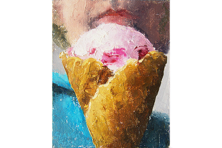 Oil painting of a strawberry ice cream cone with lips of a women in the background.