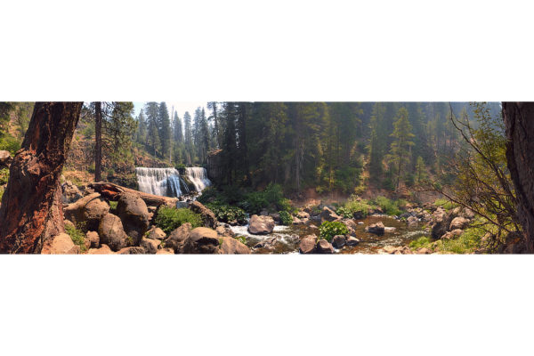 Panorama of McCloud River Middle Falls waterfall near Mount Shasta, California.