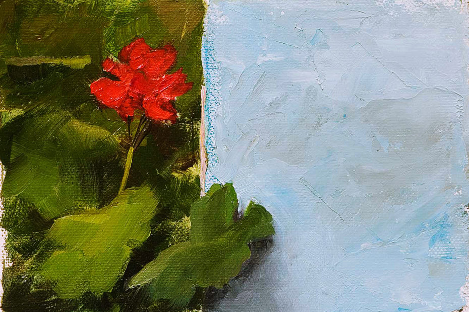 Oil painting of a red geranium surrounded by green leaves beside a blue stucco wall in San Antonio Huista, Guatemala.