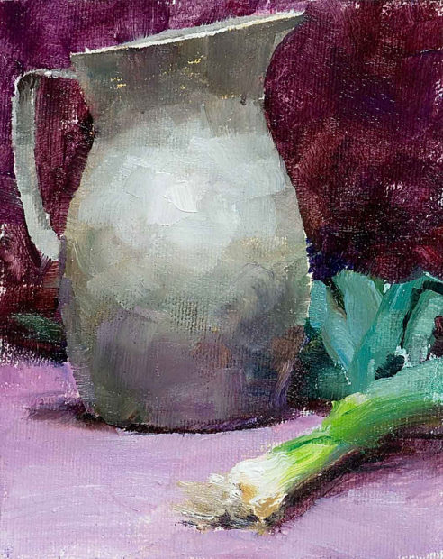 Leeks and a pewter vase still life painting arrangment on a violet and purple background.