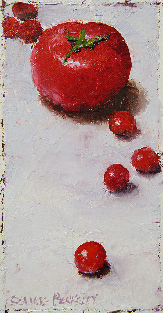 Still life painting of bright red large and small tomatoes arranged on a white background.