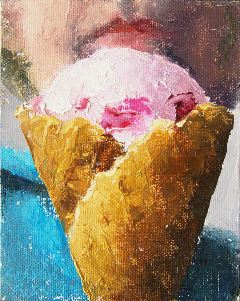Oil painting of a strawberry ice cream cone with lips of a women in the background.