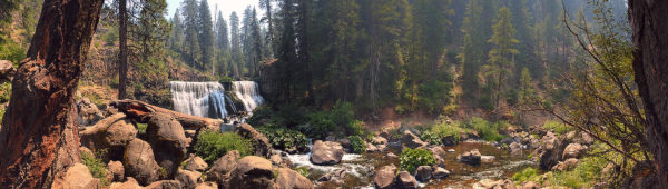 Panorama of McCloud River Middle Falls waterfall near Mount Shasta, California.
