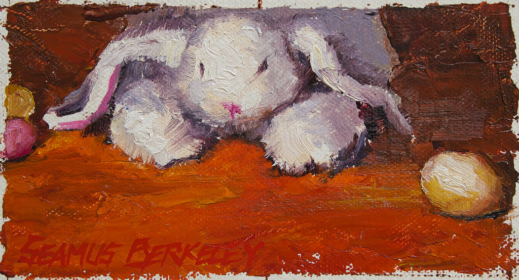 Still life oil painting study of a fluffy toy rabbit surrounded by eggs on a bright orange foreground.
