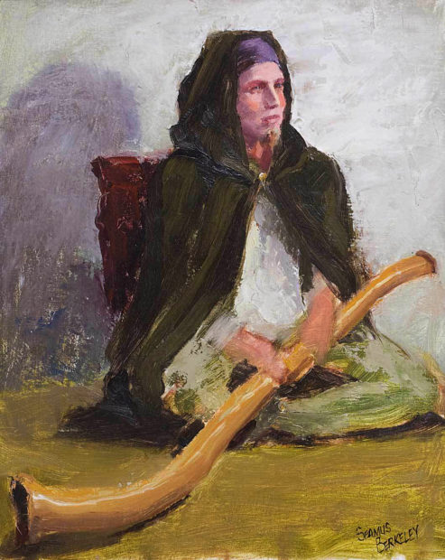 Portrait painting of a musician in a cape holding a didgeridoo.