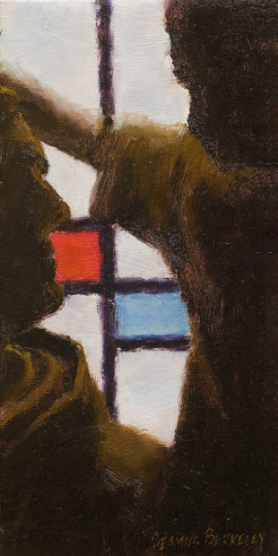 Close-up painting of a siloutette of a religious statue in front of stained glass window of Dawros Church, Kenmare, County Kerry, Ireland.