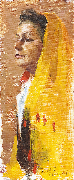 Oil portrait painting study of Diane in a yellow shawl.