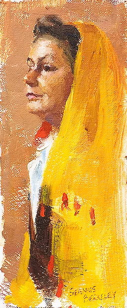 Oil portrait painting study of Diane in a yellow shawl.