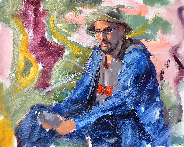Oil portrait painting of a young graffiti artist holding a can of spray paint in front of a painted panel.