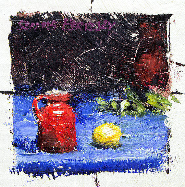 Small oil painting study of a red vase and lemon on a bright blue fabric with a deep magenta background.