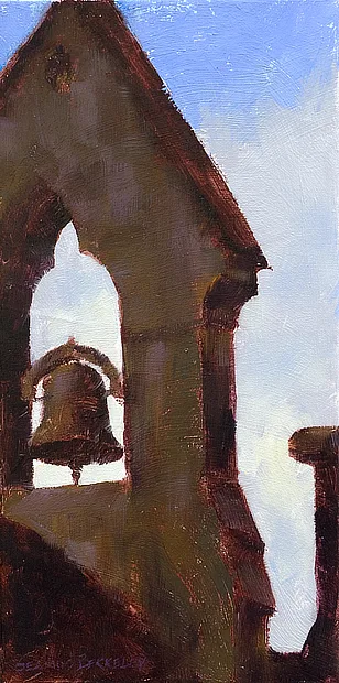 Oil painting of a church spire and bell in front of a blue sky with white clouds in Dingle, Ireland