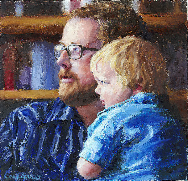 Oil portrait painting of a father and son looking toward the light shining through a window with a bookcase filled with books in the background.