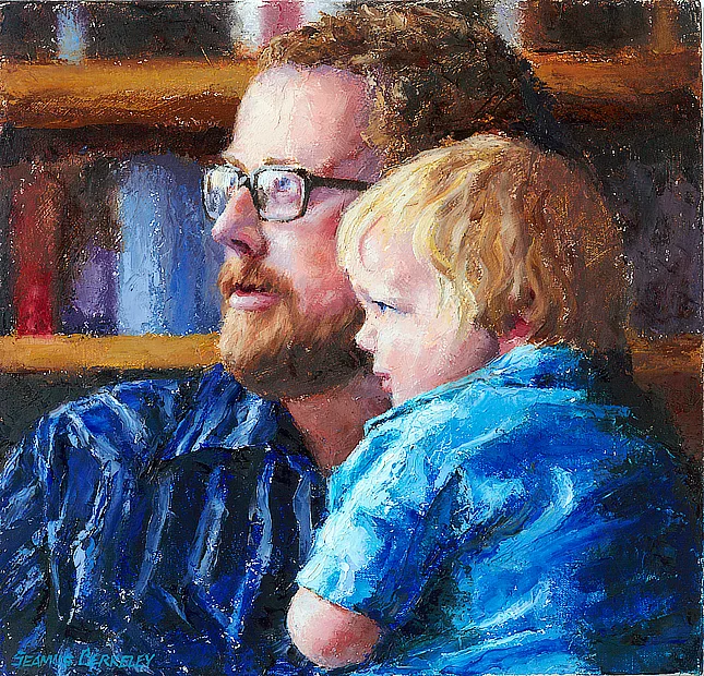 Oil portrait painting of a father and son looking toward the light shining through a window with a bookcase filled with books in the background.