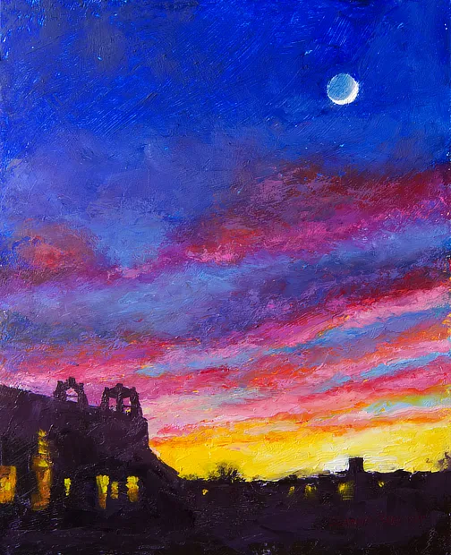 OIl painting of the moon in a colorful sky at sunset above the silouhetted buildings of downtown Taos, New Mexico.