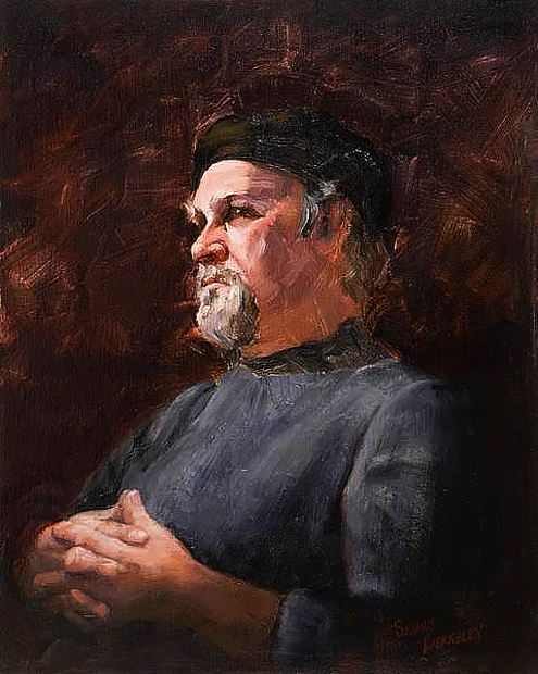 Oil portrait painting of painter Louis Tedesco in a classical style with the subject brightly lit and posed against a warm dark background.