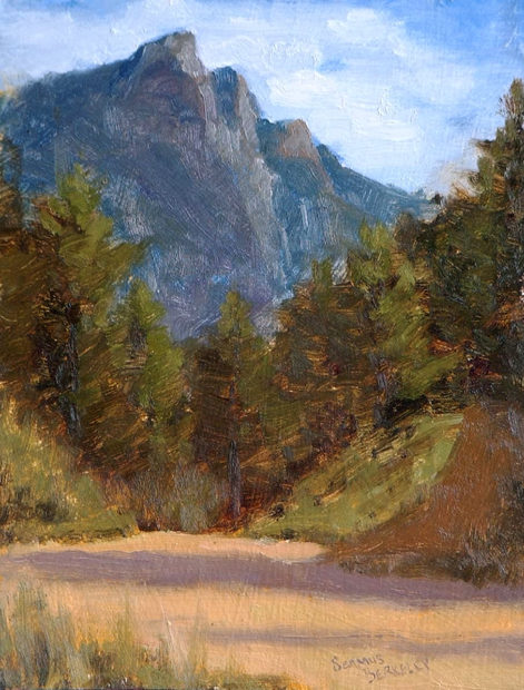 Oil painting of Twin Sisters Mountain in Estes Park, Colorado with evergreen trees and a dirt road in the foreground.