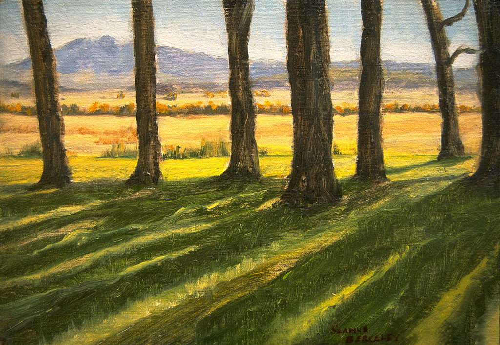 A row of trees casting shodows on a bright green lawn with blue sky and mountains of Wyoming in the distance.