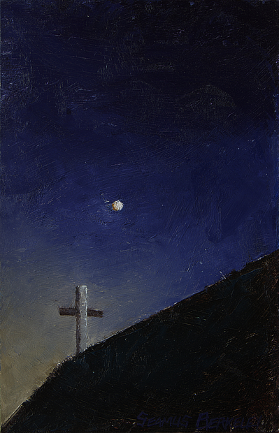 Full moon in a dark evening sky juxtaposed above a cross at the top of a monastery.