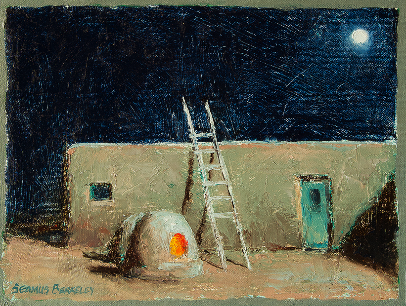 Oil painting night scene of a full moon rising over the Taos Pueblo with a lit horno.
