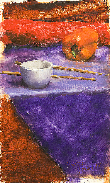 Still life oil painting of a small white cup, chopsticks and an orange pepper on a purple and red background.