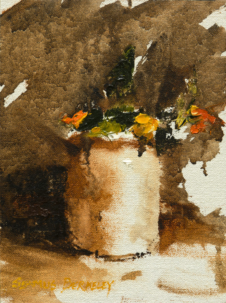 Monochromatic oil painting of a vase with flowers with touches of bright colors of red, orange, yellow and green.