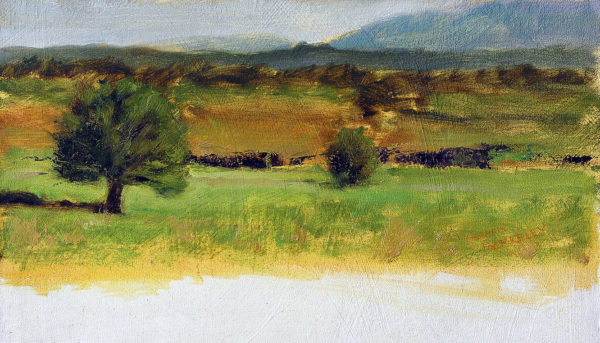 Landscape oil painting of the Hondo Mesa, just north of Taos, New Mexico with the mesa and juniper trees in foreground and mountains in the distance.