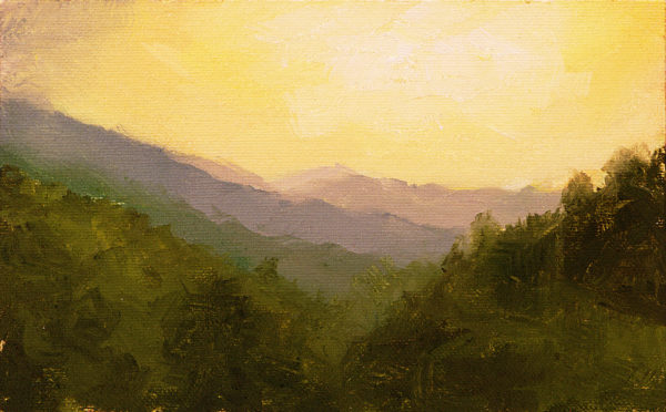 Oil painting of a landscape near Todos Santos, Guatemala with the sun just above the horizon of hills and forests.