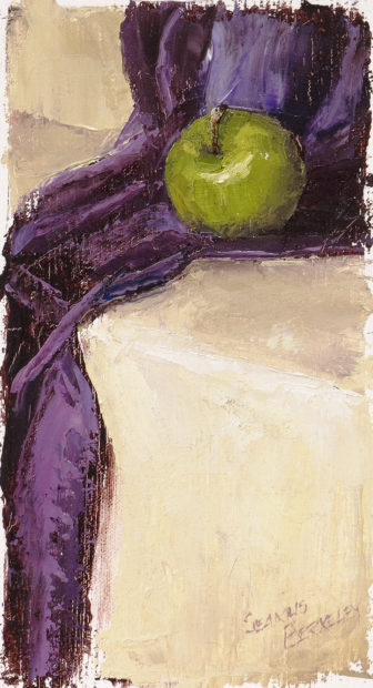 Still life oil painting of a green apple resting on a purple fabric set on a soft yellow background.