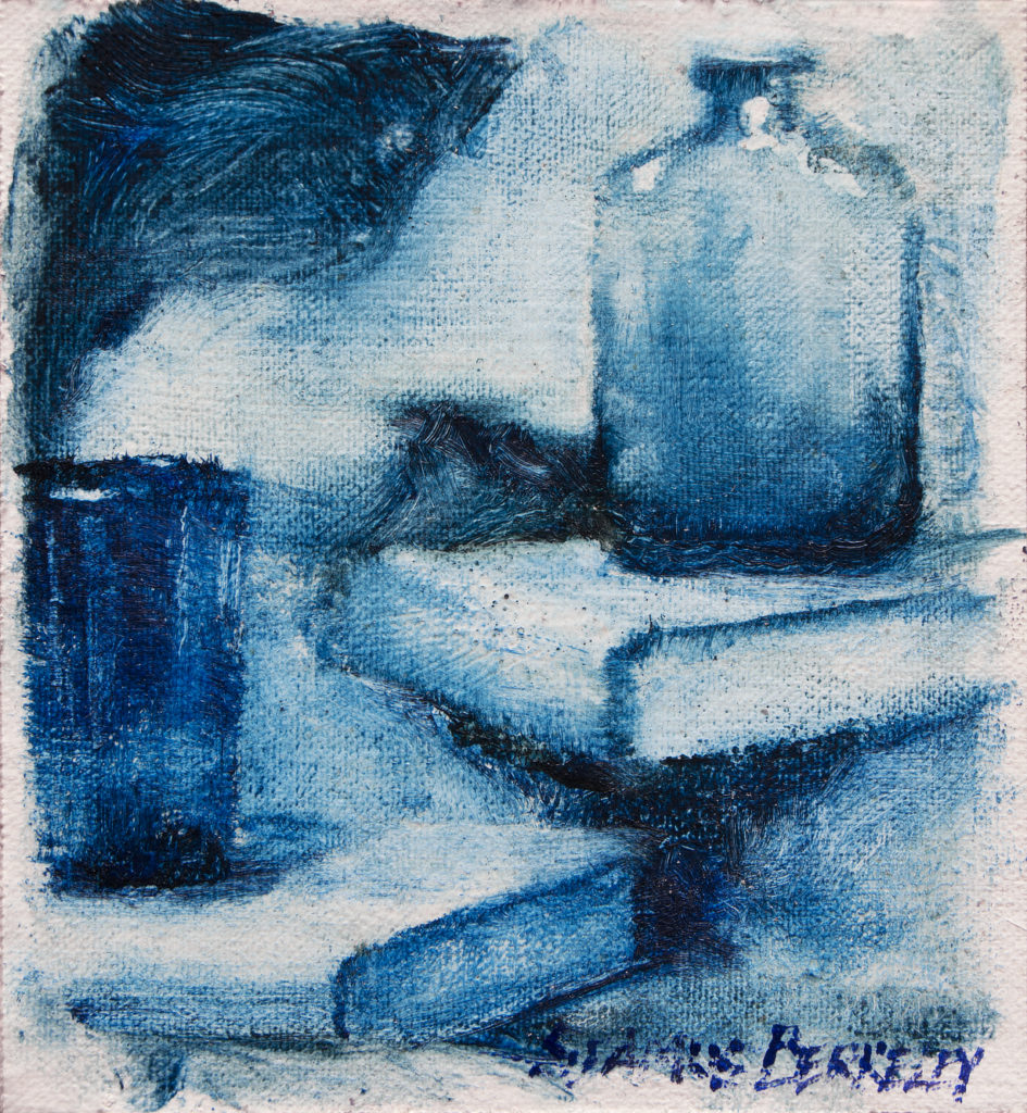 Monochromatic blue oil painting still life study of a bottle and glass on a stack of books. Blues, Original oil on canvas, 5.5" x 5" Framed prints and canvases, digital download, commercial and advertising licensing of photographs by Seamus Berkeley.