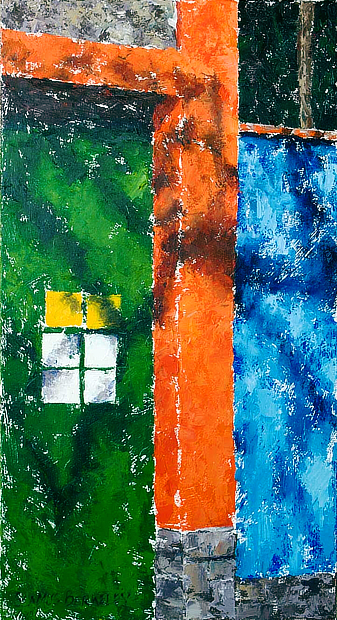 Abstract oil painting of the front of Frida Kahlo’s former home, La Casa Azul, in Coyoacán, Ciudad de México, México.