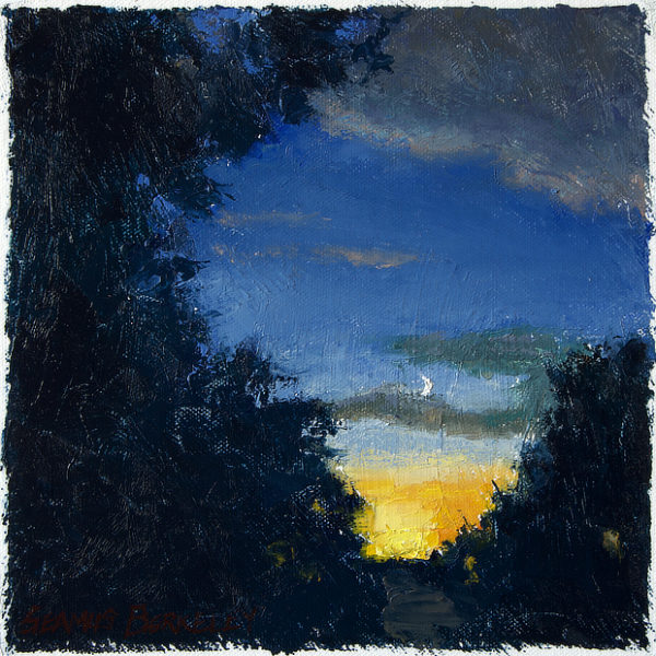 Oil painting of a sliver of a moon in a dark blue evening sky with orange and yellow glow of the sun below the horizon all framed by dark leaves of trees. Walking Home, Original oil on canvas, 9.5" x 9.5" Framed prints and canvases, digital download, commercial and advertising licensing of photographs by Seamus Berkeley.