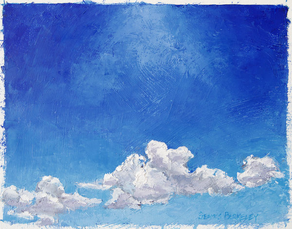 Oil painting of white clouds in a dark blue sky, lit from above by bright sunlight in the high desert of Taos, New Mexico, Land of Enchantment. White Below, Blue Above, Original oil on canvas, 10" x 12.5"