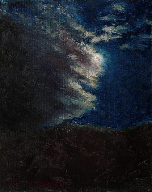Oil painting of the full moon partially obscured behind clouds high above a the Sangre de Cristo Mountains in Taos, New Mexico Moon, Clouds, Mountain, Night, Original oil on canvas, 10" x 8" Framed prints and canvases, digital download, commercial and advertising licensing of photographs by Seamus Berkeley.