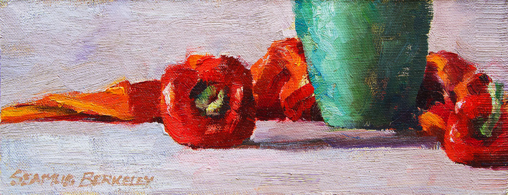Oil painting still life of two bright red peppers and a yellow-green copper vase in a setting of white, red and orange fabrics. Red Peppers, Green Vase, Original oil on canvas, 4" x 10" Framed prints and canvases, digital download, commercial and advertising licensing of photographs by Seamus Berkeley.