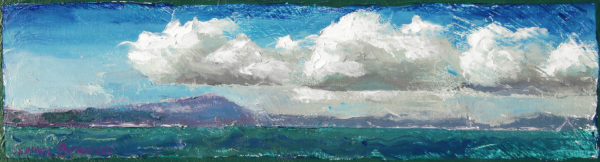 Living and working near the San Francisco East Bay offered many memorable scenes, like this one looking westward from César E. Chávez Park toward Tiburon and Sausalito. It is always fascinating to see how the clouds float above the water, often brightly lit by the sunlight from above and reflecting the colors of the water from below. Original oil painting on canvas, framed, ready to hang. Remembering the Bay I, Original oil on canvas, 5.5" x 18.5"