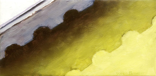 Abstract oil painting of the eave of a green house in Kenmare, Ireland. Slice of Green, Original oil on canvas, 8" x 16"