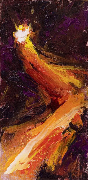 Abstract oil painting of a bright white light with a colorful tail of red, orange and yellow colors flying through a dark violet background.