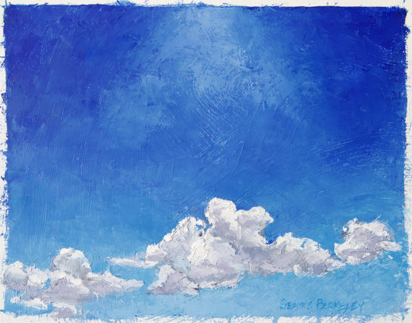 Oil painting of white clouds in a dark blue sky, lit from above by bright sunlight in the high desert of Taos, New Mexico, Land of Enchantment. White Below, Blue Above, Original oil on canvas, 10" x 12.5"