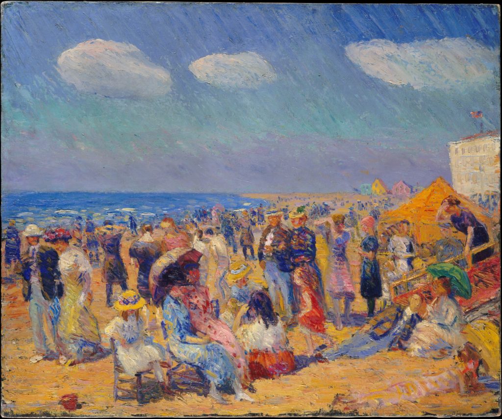 Painting of a crowded beach on a summer day, early 20th century.