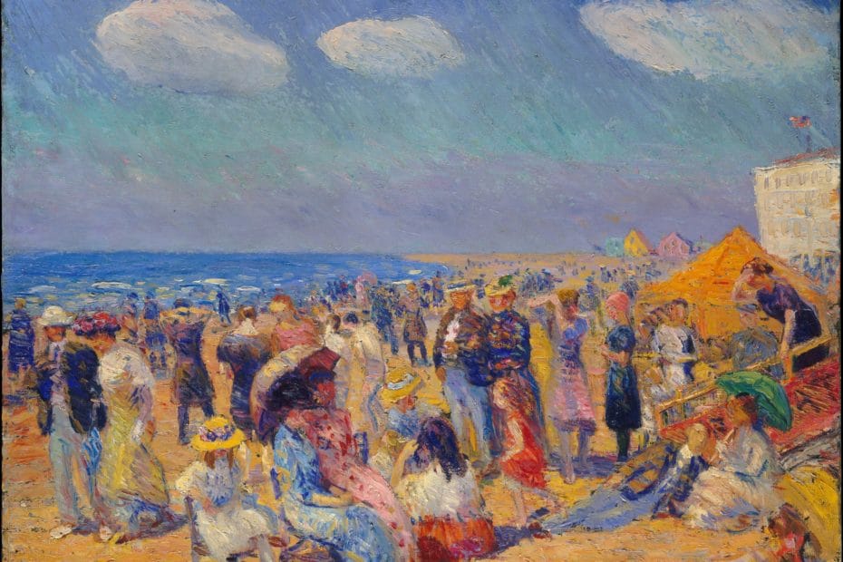 Painting of a crowded beach on a summer day, early 20th century.