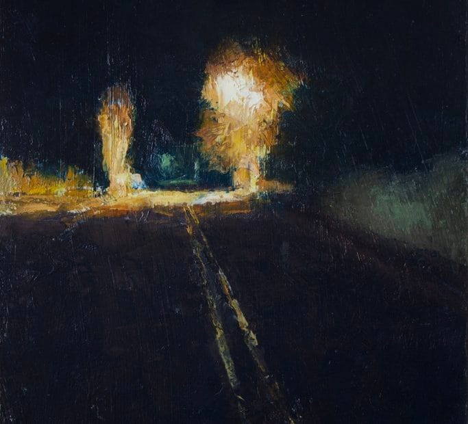 Night painting of a street looking into the distance at bright street lights.