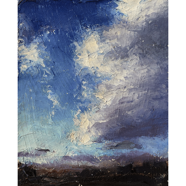 Oil painting of clouds in a deep blue sky above dark mountains in the distance.