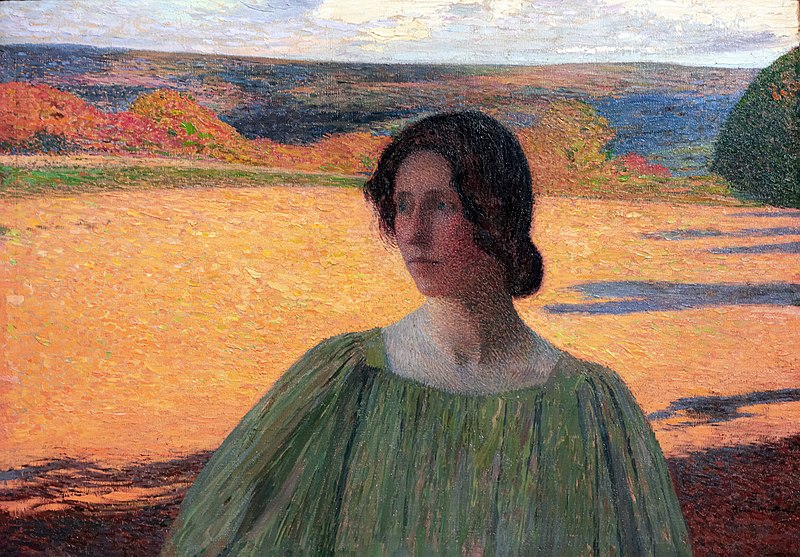 Image of a painting of a women with a bright yellow and blue landscape in the background.