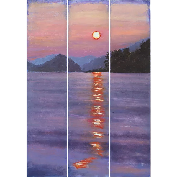 Oil painting of the sun setting above purple mountains and reflected in water of the Mekong River.